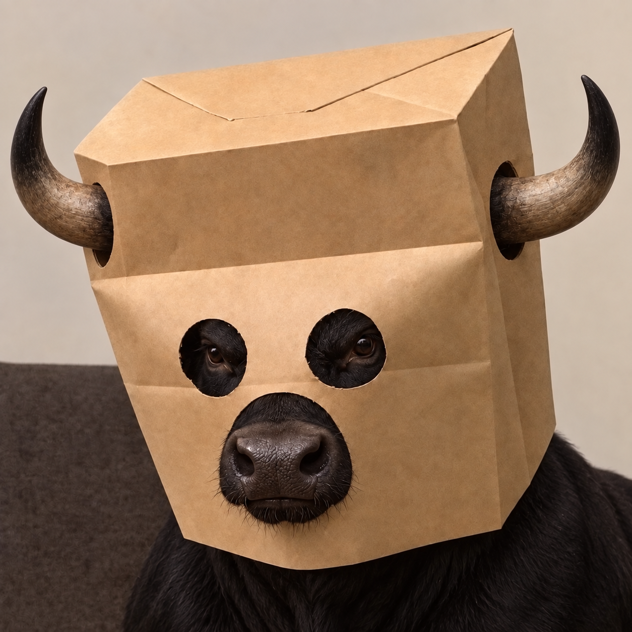 Black bull wearing a paper bag mask with horns